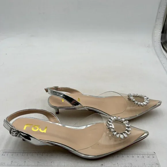 FSJ Women's Silver Heels Dress Shoes Wedding Shoes, Bride Silver Rhinestone - Picture 3 of 7